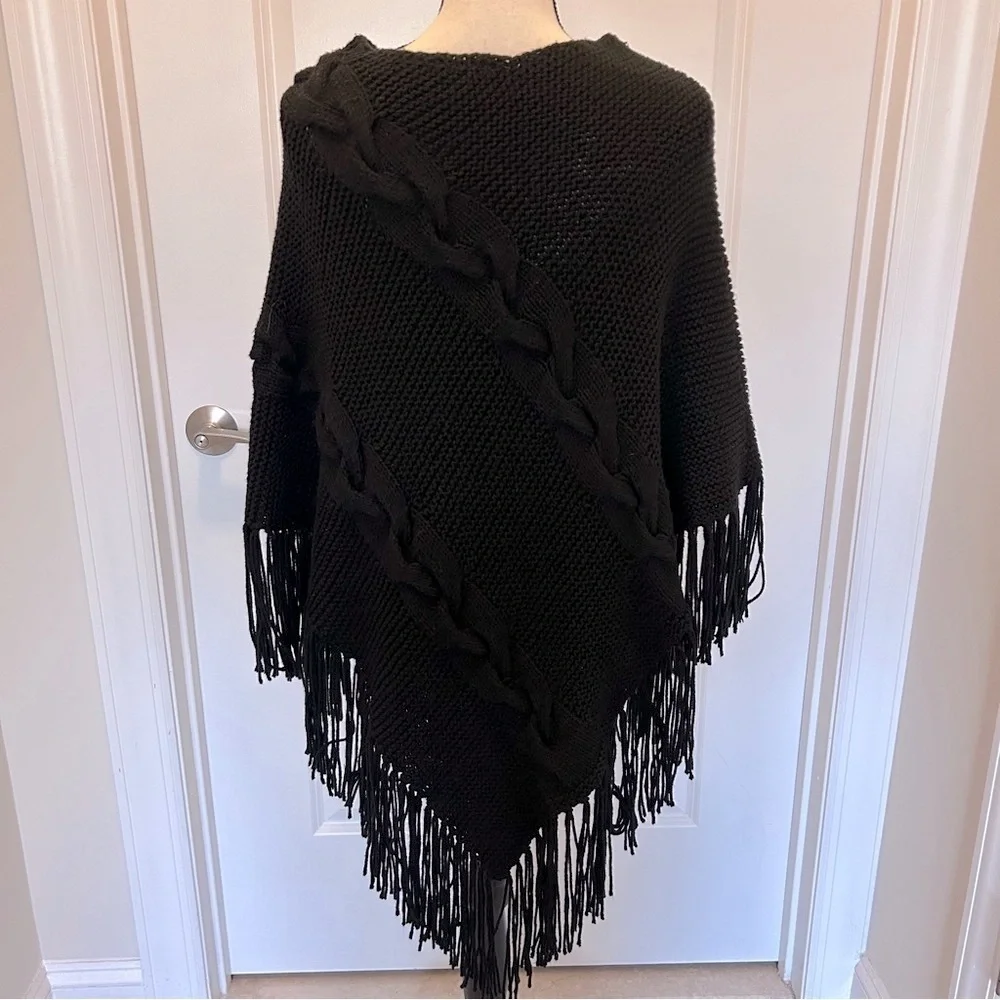 INC International Concepts Black Knit Poncho with Fringe